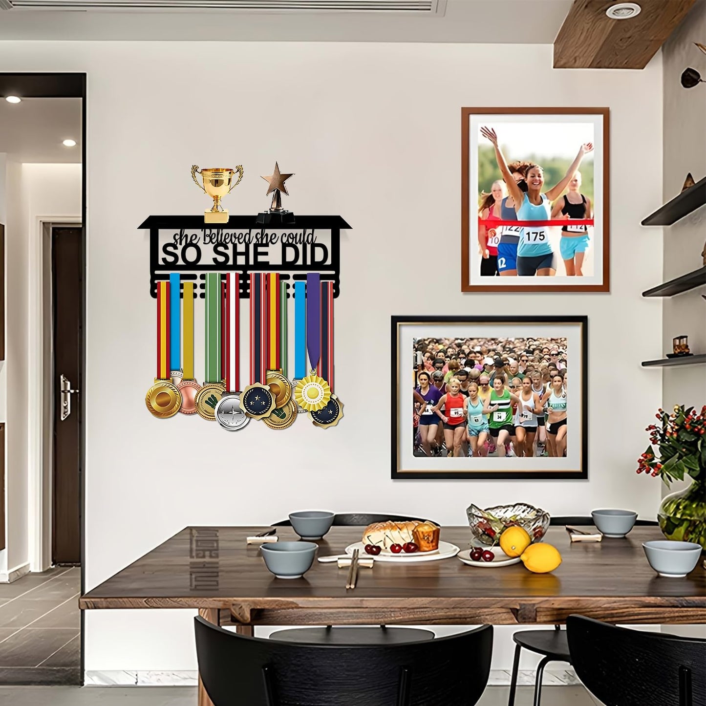 Resama Fashion Medal Hanger Holder Display Wall Rack Frame Shelf-Black Metal Medal Hanger with Trophy Shelf Awards Ribbon Cheer,Gymnastics,Soccer Easy to Install