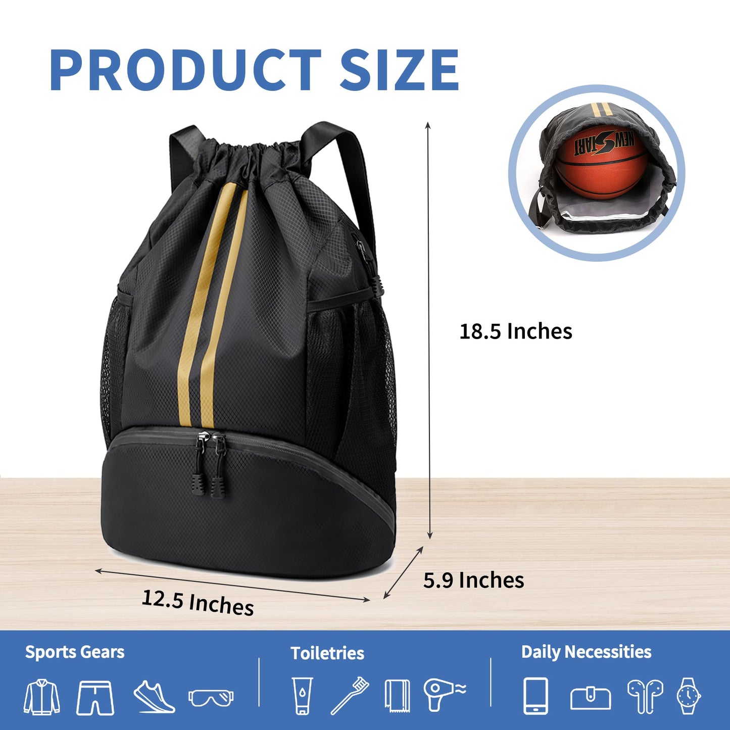 JELUTAR Drawstring Backpack Gym Bag with Shoes Pocket, Black Gold