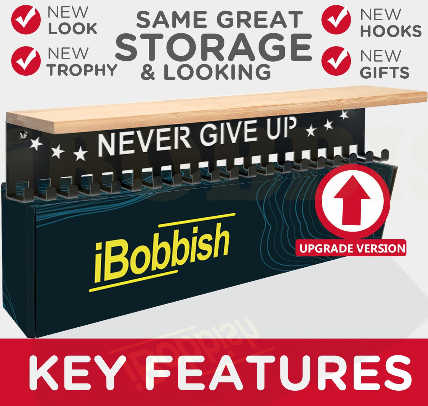 iBobbish Trophy and Medal Hanger Display Shelf, 16inchL, Metal 20 Hooks, Extra Large Bamboo Trophy Board, 33lbs Weight Capacity