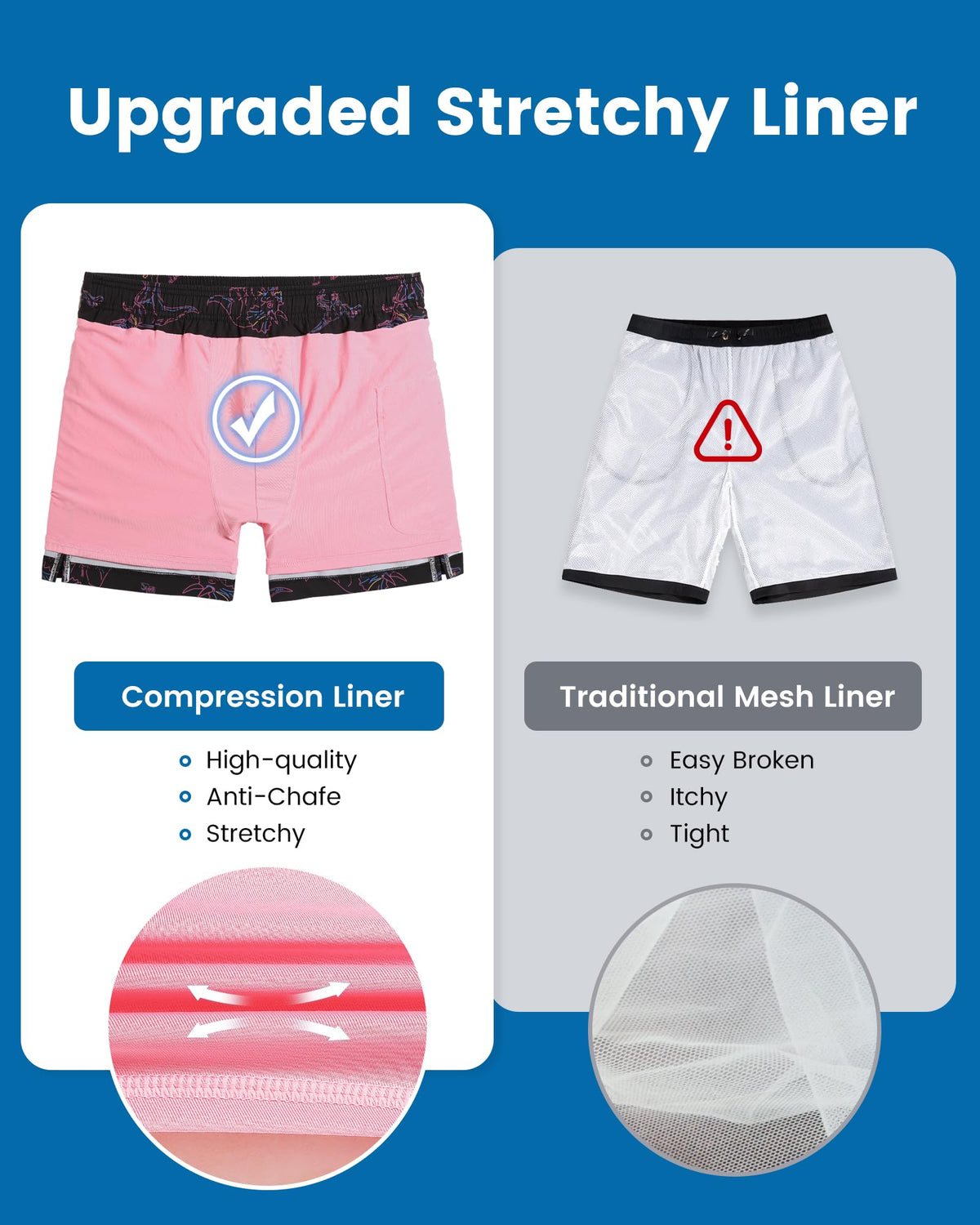 maamgic Mens Swim Trunks with Compression Liner 5 Inch, Quick Dry Bathing Suit with Zipper Pockets, Stretch No-Chafing Swim Shorts, Black-Pink Dinosaur X-Small