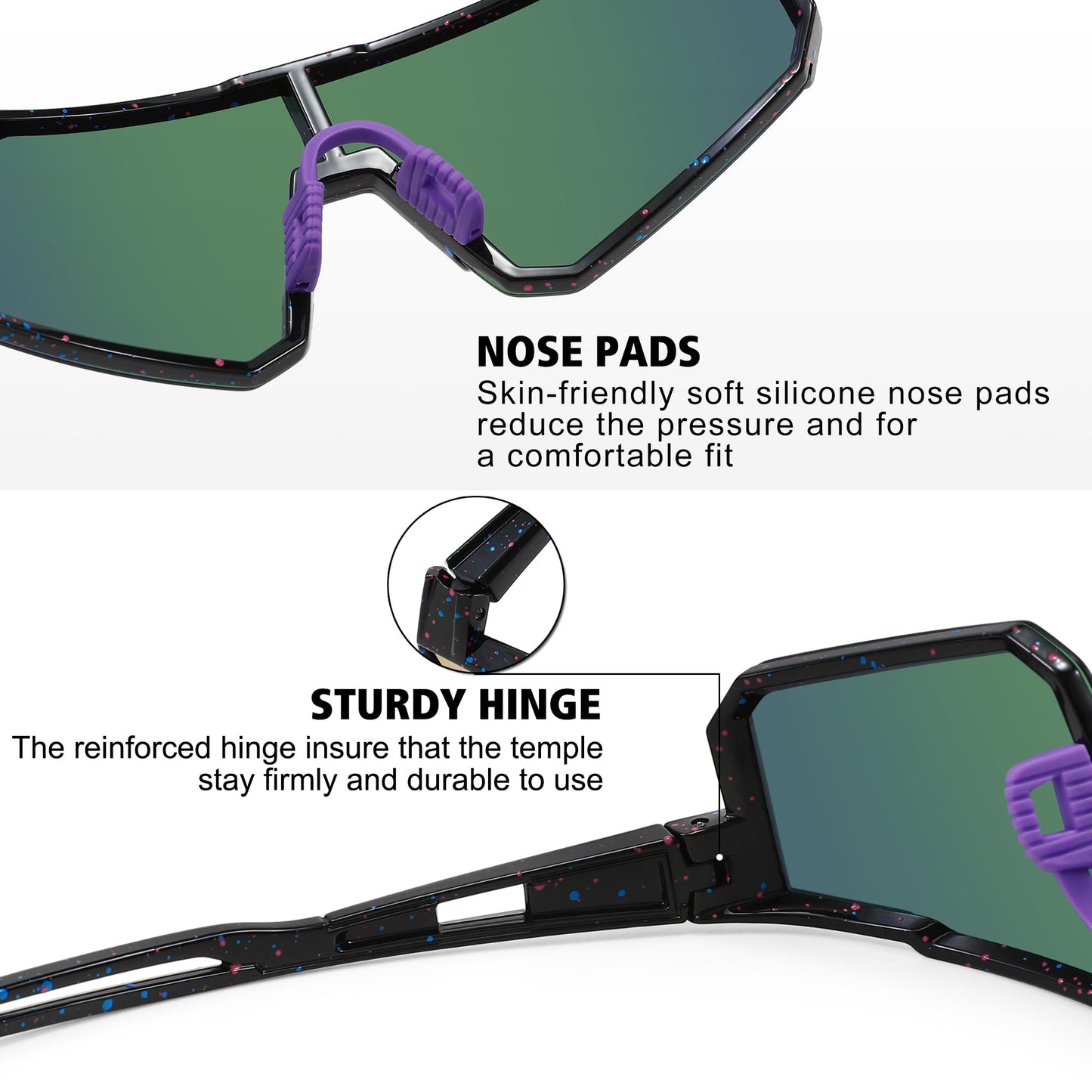 STORYCOAST Polarized Sports Sunglasses for Men Women,Driving Fishing Cycling Mountain Bike Sunglasses UV400 Protection,Black-Purple，73