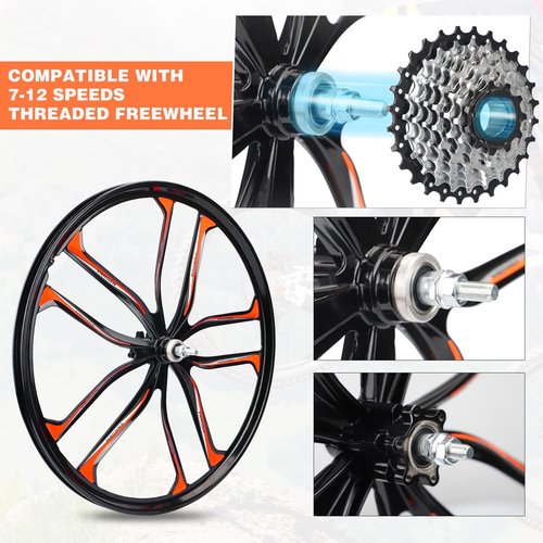 MEGHNA Bike Wheelset 10 Spokes Lightweight Aluminium 26 inch Integrated Wheel Compatible with 6 Bolts Disc Brake 7-12 Speed Thread Freewheel Hub for Mountain Bike Folding Bike (Black, 26 inch)