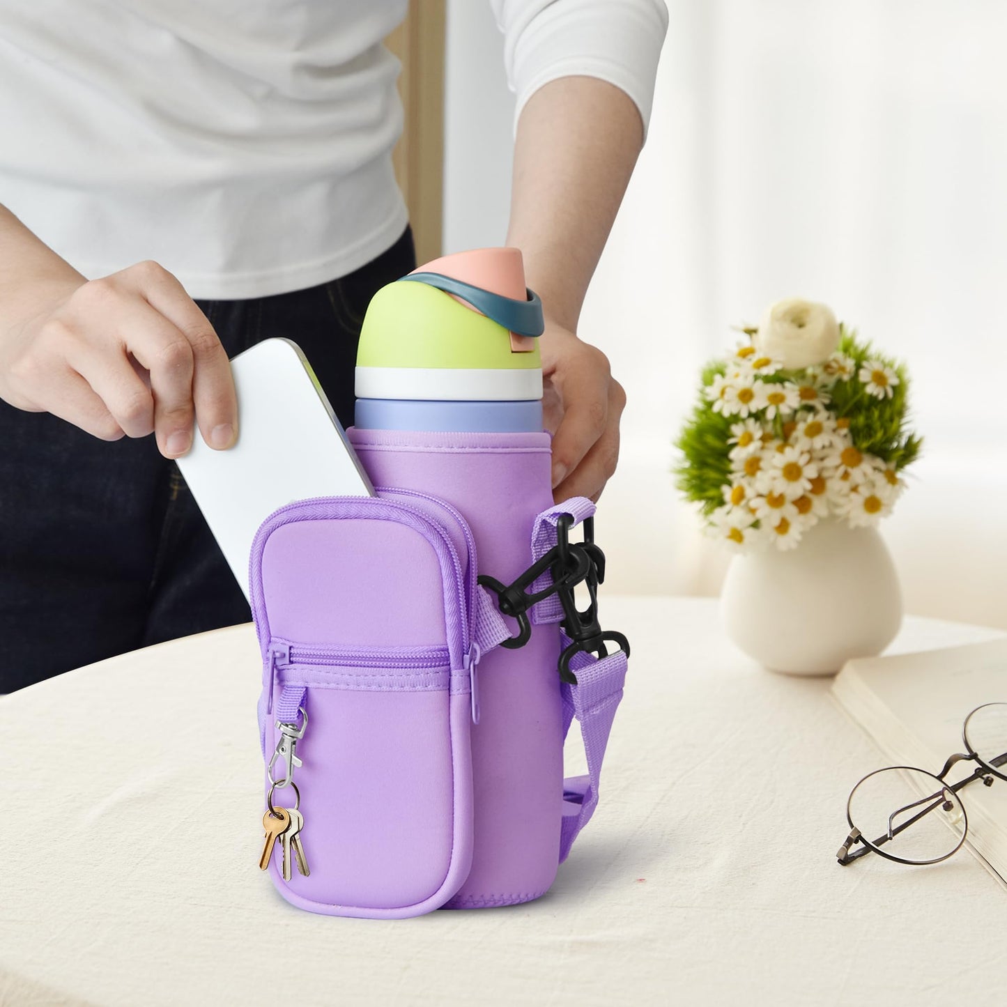 Icesip Purple Water Bottle Carrier Bag with Strap, Fits Owala FreeSip 32 oz