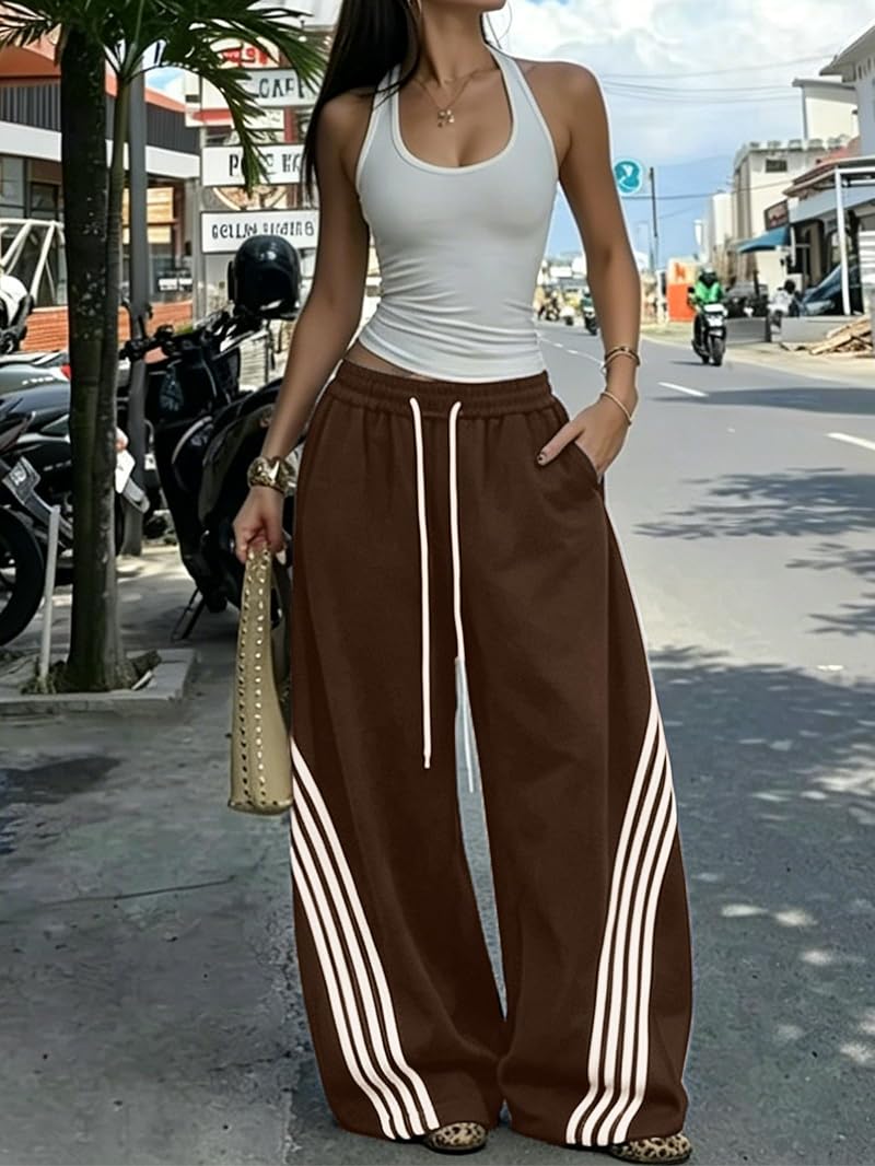 Emmiol Women’s Y2K Baggy Stripe Sweatpants - High Waist Wide Leg, Brown XX-Large