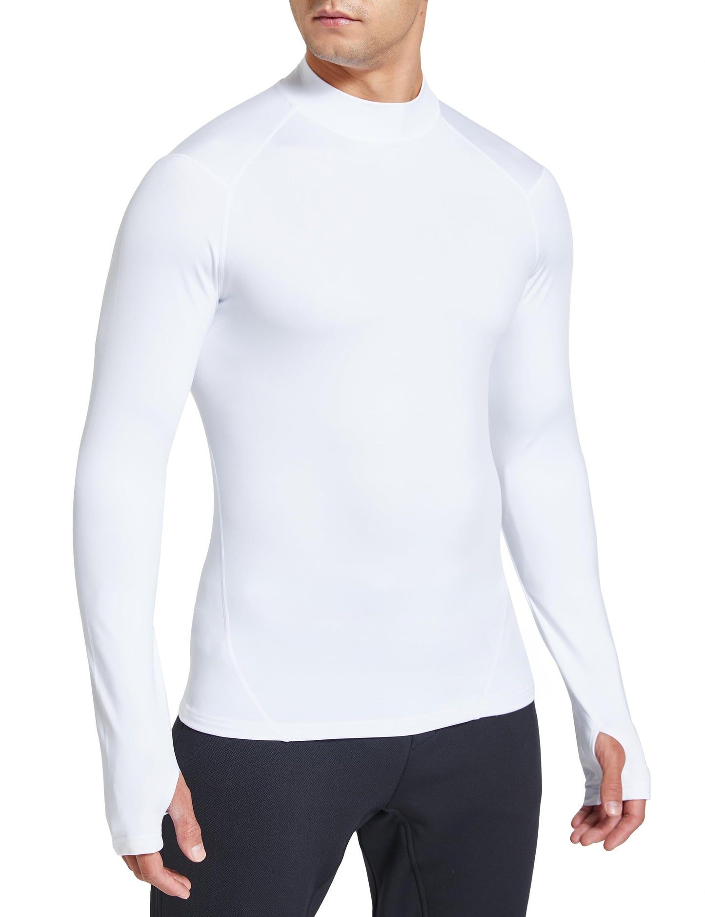 FitsT4 Sports Men's Thermal Shirt Fleece Lined Mock Neck Base Layer Tops Long Sleeve Running Athletic Shirt with Thumbholes White L
