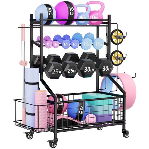 WUC Dumbbell Rack, Adjustable Weight Rack for Home Gym Storage for Dumbbells Kettlebells Yoga Mat & Balls, All in One Workout Equipment Storage Rack with Wheels, Powder Coated Steel, Black