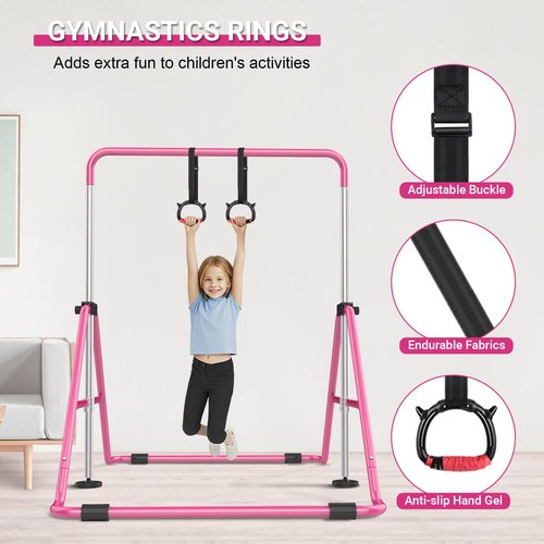 Nimsqury Foldable Gymnastics Bar, 5-Height Adjustable Gymnastic Bars for Kids at Home,Robust & Stable for Indoor/Outdoor Using,Weight Limit 140LBS (Pink)