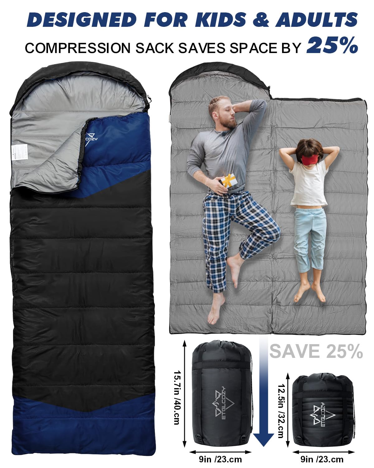 ETGLCOZY Lightweight 3-Season Sleeping Bag for Adults/Kids Camping, Compact w/Compression Sack, Waterproof Ripstop, Portable for Backpacking Hiking Travel, 50-80°F, Black