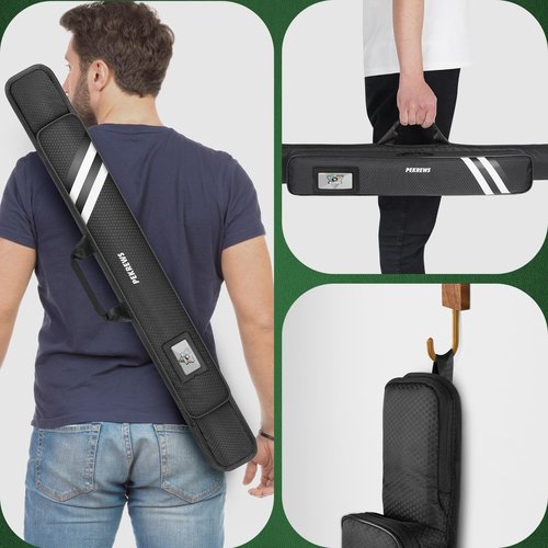 PEKREWS Pool Cue Case, Soft Pool Stick Case 1x1 Holds 1 Butt and 1 Shaft with Queue Zipper Pocket, Sturdy Polyester Billiard Cue Bag with Shoulder Strap Handle, Billiard Stick Bag for Men and Women