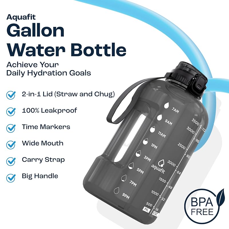 AQUAFIT 1 Gallon Water Bottle with Time Marker + 2-in-1 Lid, Gray 128 oz