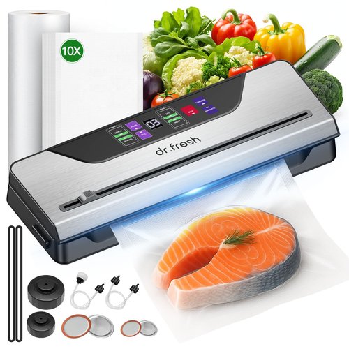 Vacuum Sealer for Food, 10-in-1 Food Vacuum Sealer Machine for Freshness Storage, 90kpa Powerful Food Sealer with External Sliding Blade, Digital Timer, 1 Bag Rolls & 10 Pre-cut Bags, Accessory Hose