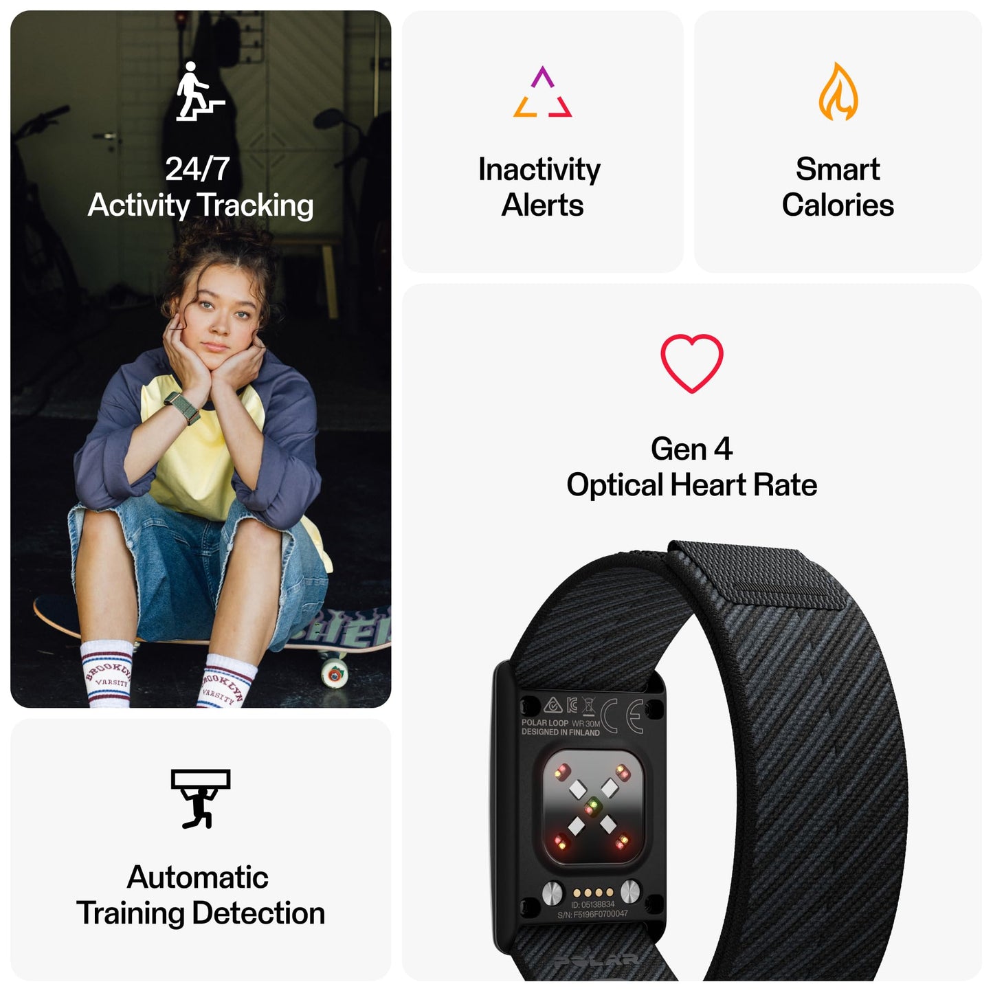 POLAR Loop – Smart Screen-Free Wearable Health Band with 24/7 Heart Rate, Sleep Tracking, Automatic Detection, No Subscription, 8-Day Battery.