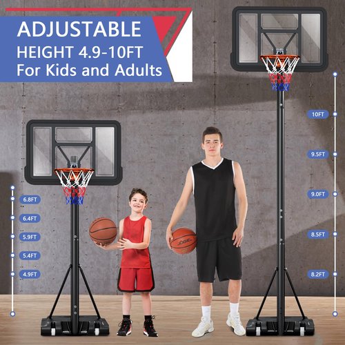 Portable Basketball Hoop Outdoor, Adjustable Height 5.5-10FT Basketball Goal with Heavy-Duty Steel Frame & Wheels, 44 Inch Backboard Basketball System for Driveway, Backyard