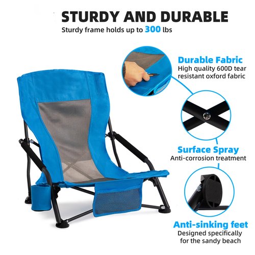 Foristrail Outdoor Beach Chair for Adults Set of 2 PCS Portable Lightweight Low Back Sling Chair with Cup Holder, 300lbs Capacity Camping Chair for Patio, Lawn, Concert, Travel (Light Blue)