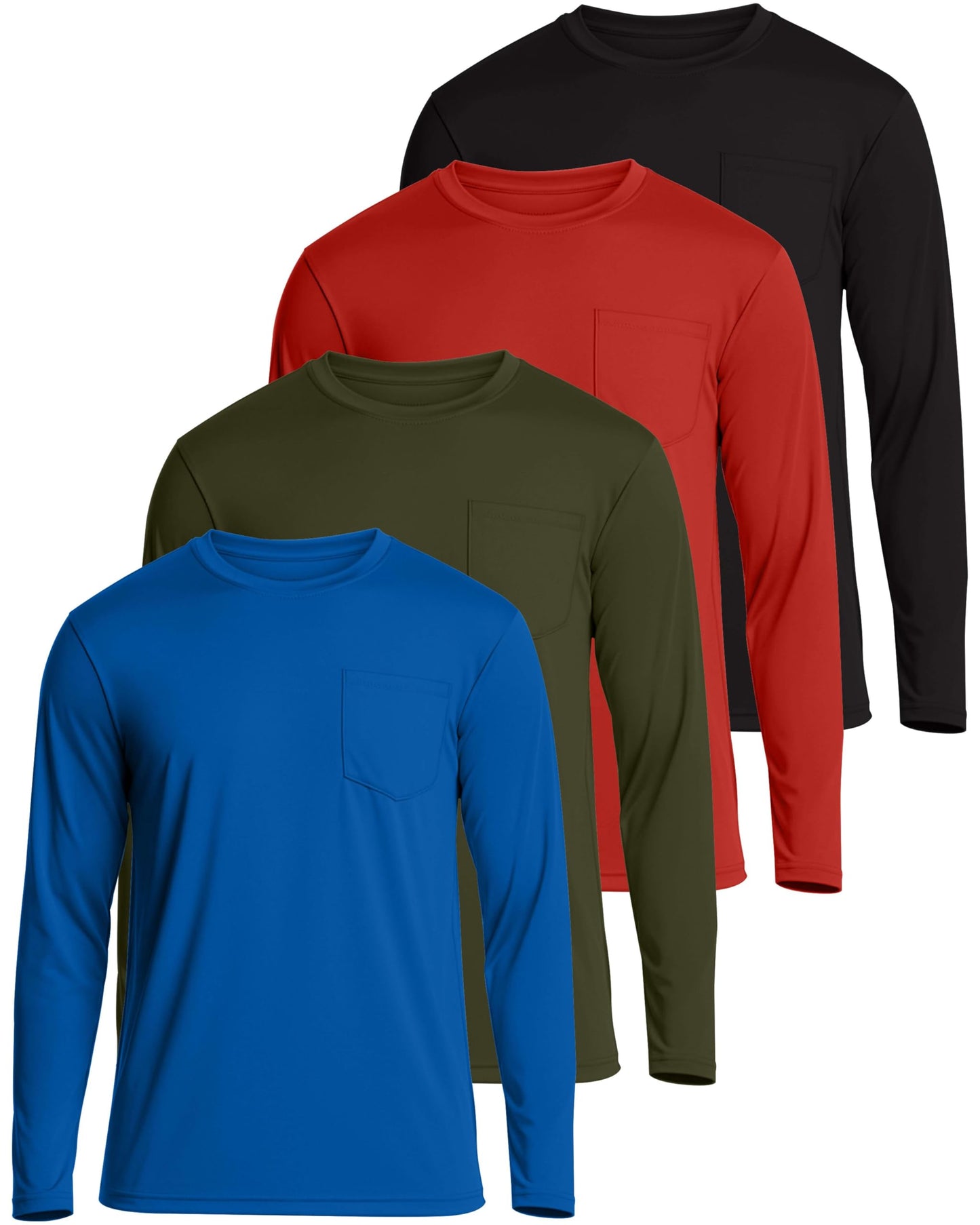 Real Essentials 4 Pack: Men's Dry-Fit Active Athletic Long Sleeve Pocket Crew T-Shirt Outdoors UPF 50 (S-5XLT)