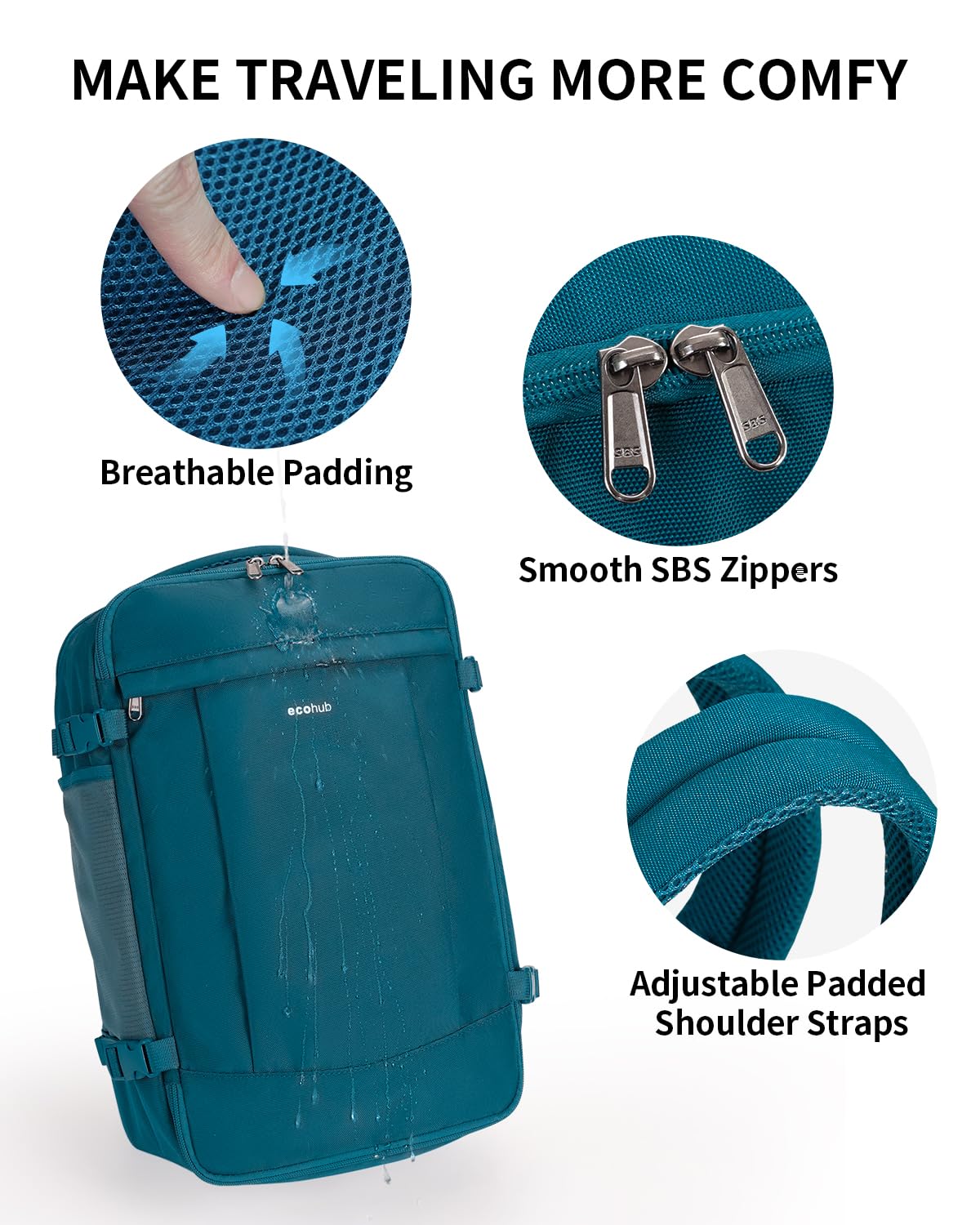 ECOHUB Travel Backpack for Men Women, Carry on Backpack with USB Charging Hole, Spirit Airlines Personal Item Bag Flight Approved, 15.6 Inch Laptop Backpack with Anti Theft Pockets, 30L, Blue Green