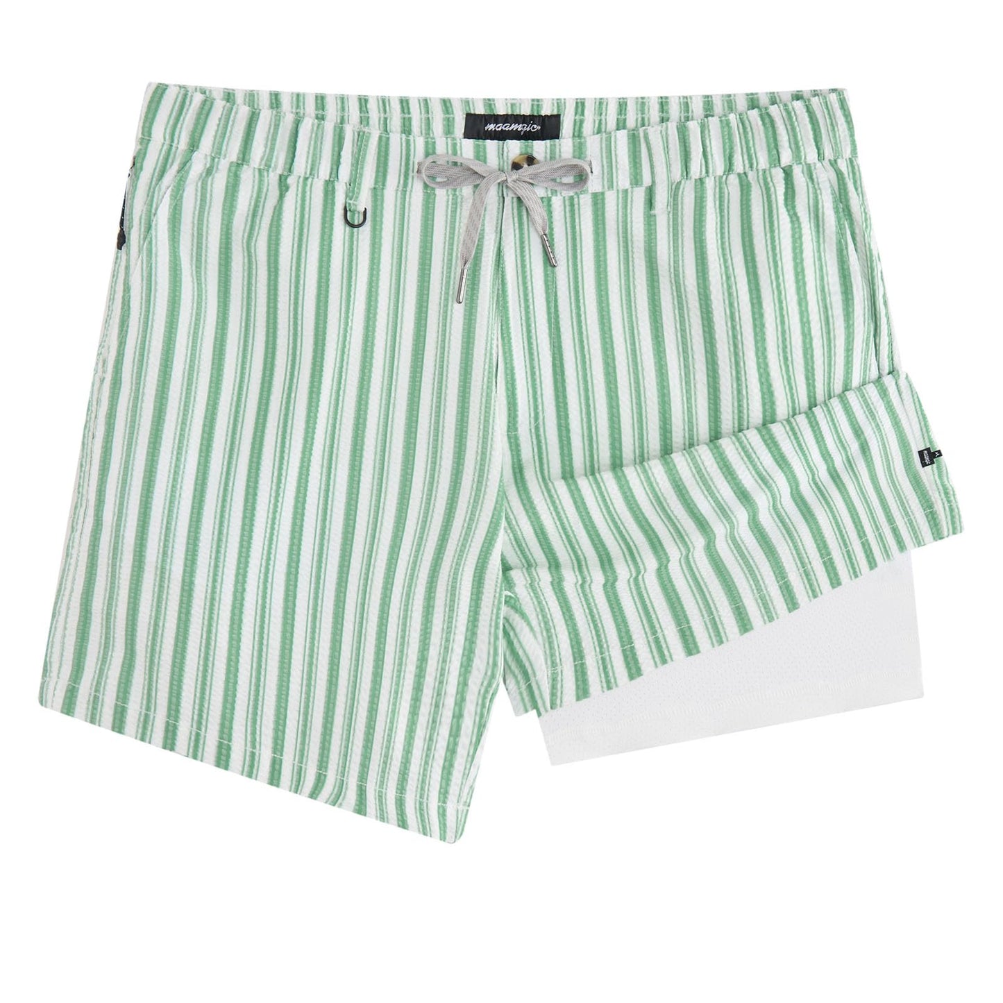 maamgic Mens Casual 5.5"/7" Seersucker Shorts with Compression Liner, Green White Stripe Summer Beach Vacation Shorts