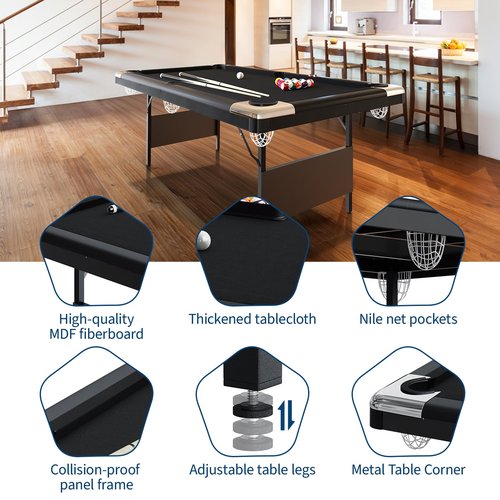 GarveeLife 6 or 7 Ft Billiards Table, Adults Folding Billiards Tables, Pool Tables for Full Size, Pool Table Set for Family Game Room, Adult Rrec Room, Basements, Man Cave or Garage, Black