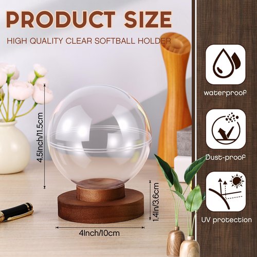 Leinuosen Softball Display Case Clear Ball Holder with Wooden Base Softball Holder Stand for Single Sports Ball Storage Collections Acacia Wood