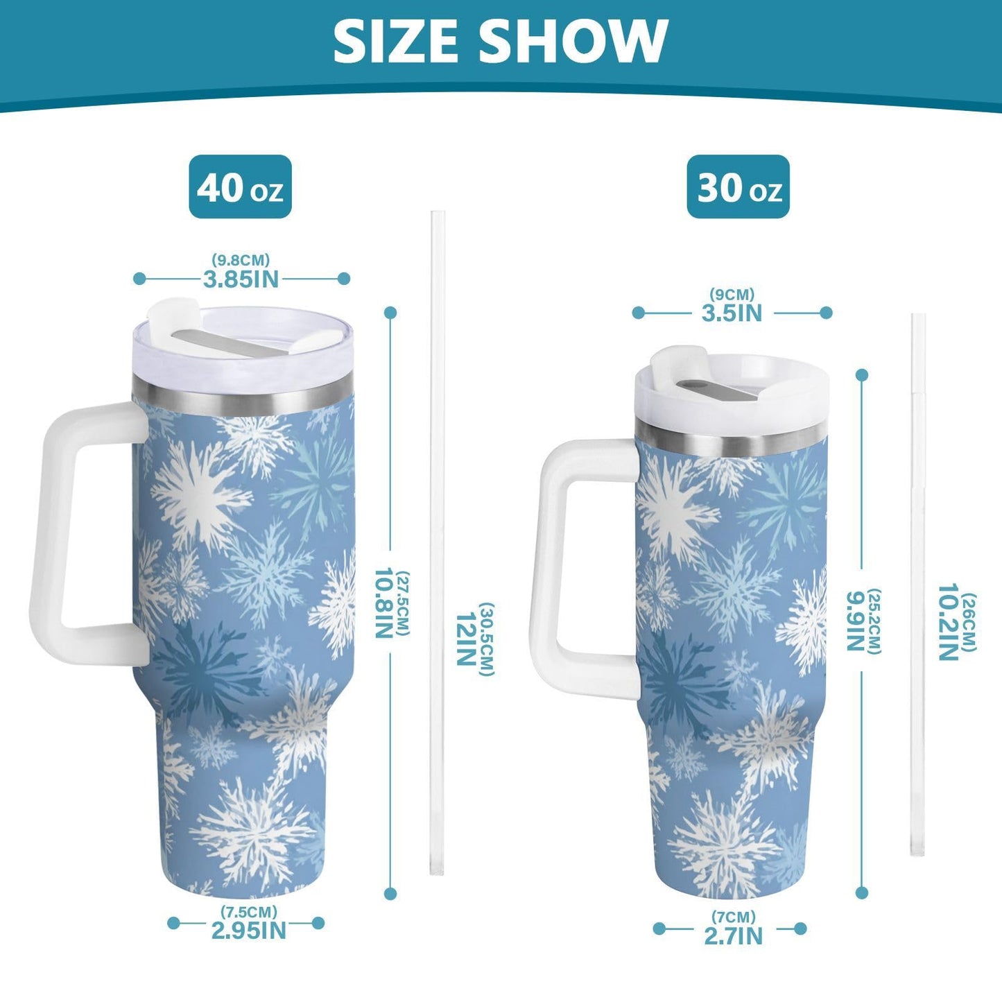 Boccsty Blue White Snowflakes Insulated Tumblers Winter Christmas Theme Reusable Stainless Steel Tumbler 30 oz Cup Coffee Travel Mug Water Bottle with Handle & Flip Straw for Home Office Car
