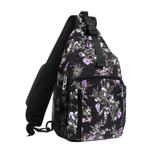 MOSISO Sling Backpack Bag, Wildflower Bouquet Crossbody Shoulder Bag Travel Hiking Daypack Chest Bag with Front Square Pocket&USB Charging Port, Black