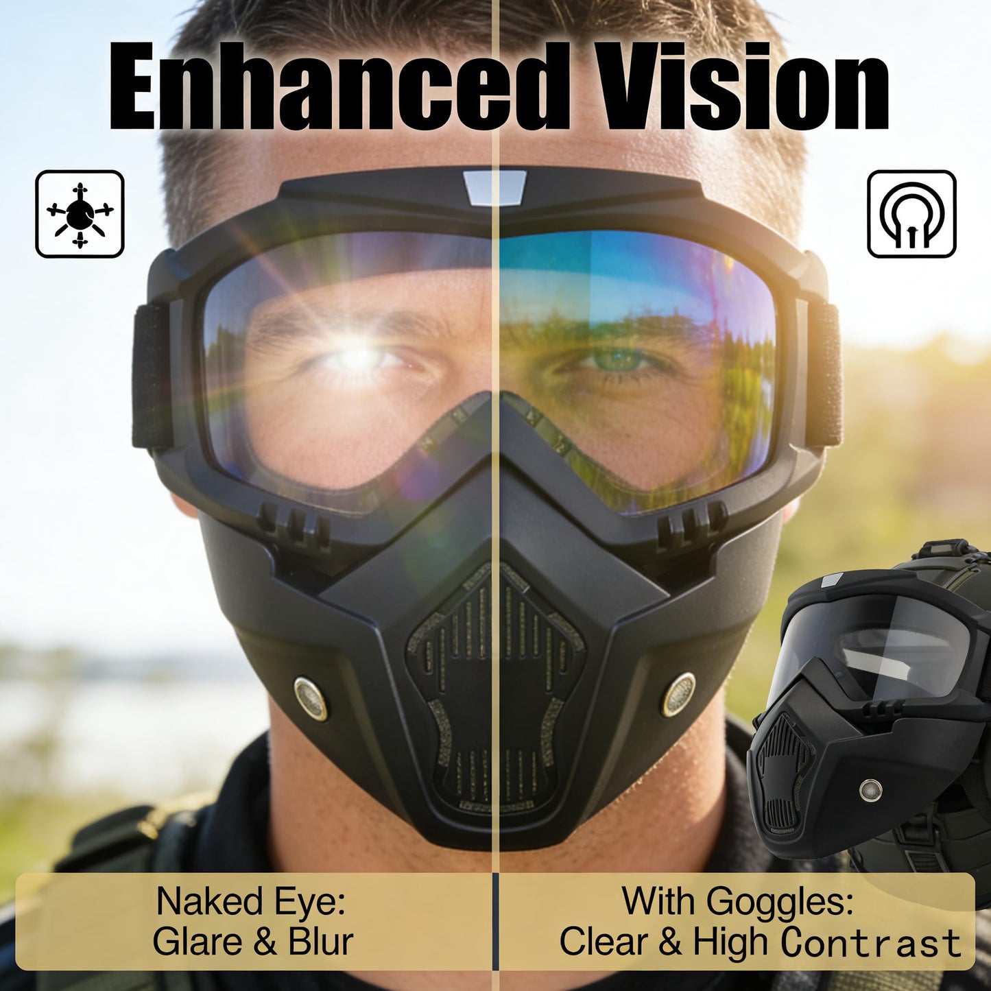 Paintball Mask Anti Fog,Airsoft Mask Full Face,Tactical Mask, Motorcycle Helmet Goggles with Removable Face Mask for Men Women (Clear)
