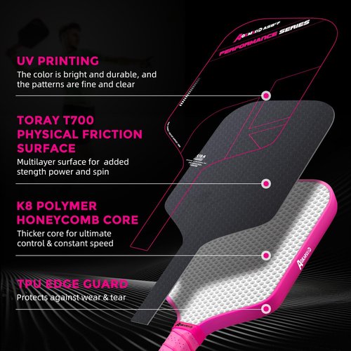 AKS Performance Series Pickleball Paddle - Toray T700 Carbon Fiber Surface, 16mm Polymer Core, High Control & Spin, USAPA Approved - Pink