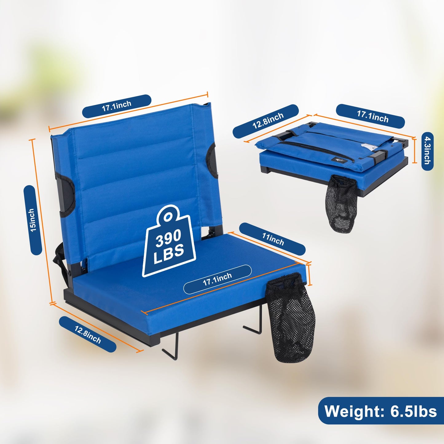 LOENIY 2 Pack Stadium Seats for Bleachers with Back Support, Bleacher Seats with Backs and Extra Thick Padded Cushion, Includes Shoulder Straps Carry Handle, and Cup Holder Side Pockets (Blue)