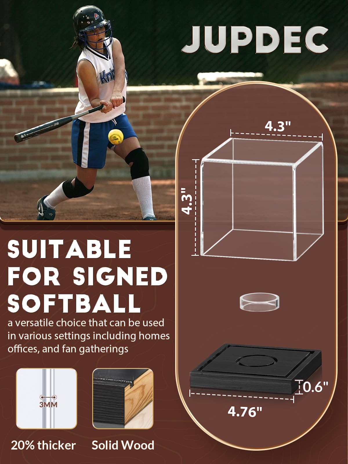 JupDec Softball Display Case Clear Acrylic Ball Holder, UV Protected Cube with Wood Base Stand, Championship Sports Collections Box Showcase, Black