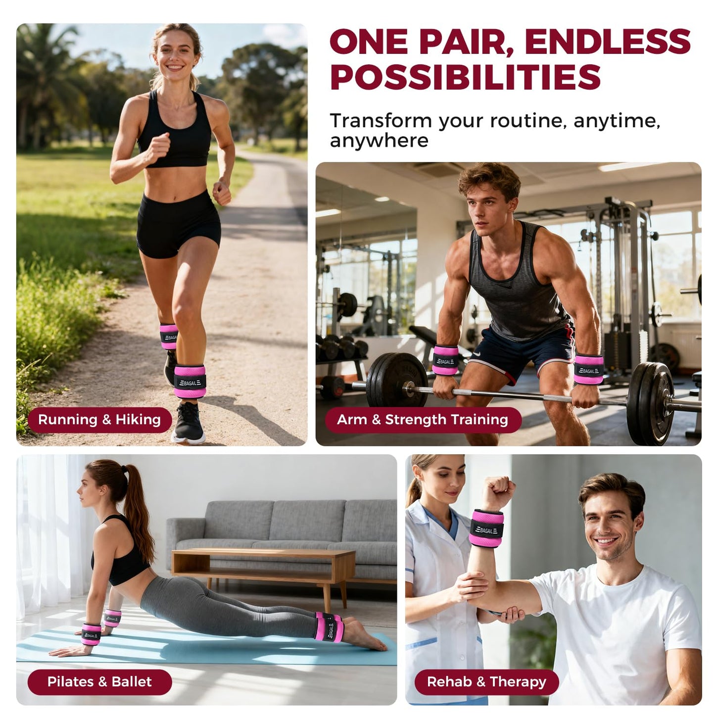 BAGAIL Ankle Wrist Weights for Women & Men, One Pair of 1/2/4/6/8/10 LBS Wearable Leg Arm Weights with Sleek Design & Secure Fit for Walking, Running, Pilates, Home Fitness & Physical Therapy - 8lb, Pink