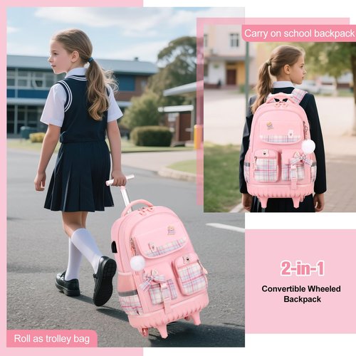 ACESAK Rolling Backpack for Girls - Roller Wheels School bag with Lunch Bag & Pencil Pouch for Teen Girls Kids Wheeled Suitcase Backpacks, Elementary Middle School Travel Daypack (Pink)