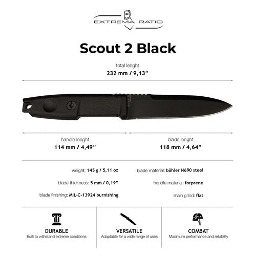 Extrema Ratio - SCOUT 2 (BLACK), Fixed Blade Knife, Böhler N690 Steel Hardened to 58 HRC, Black Oxide Finish, Full Tang, Anticorodal Aluminum Handle, Multi-Position Polymer Sheath