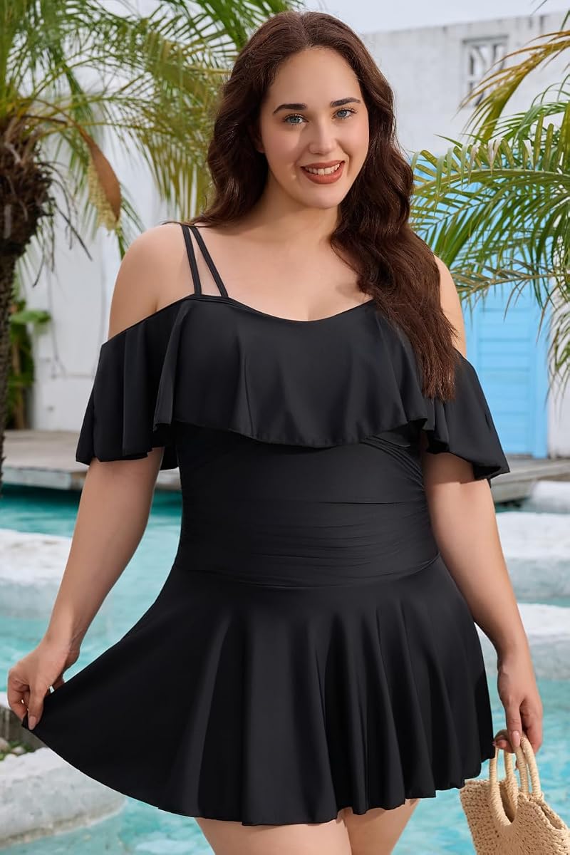 Plus Size One-Ppiece Off-Shoulder Swimsuit Dress for Women Black XX-Large – COCOPEAR