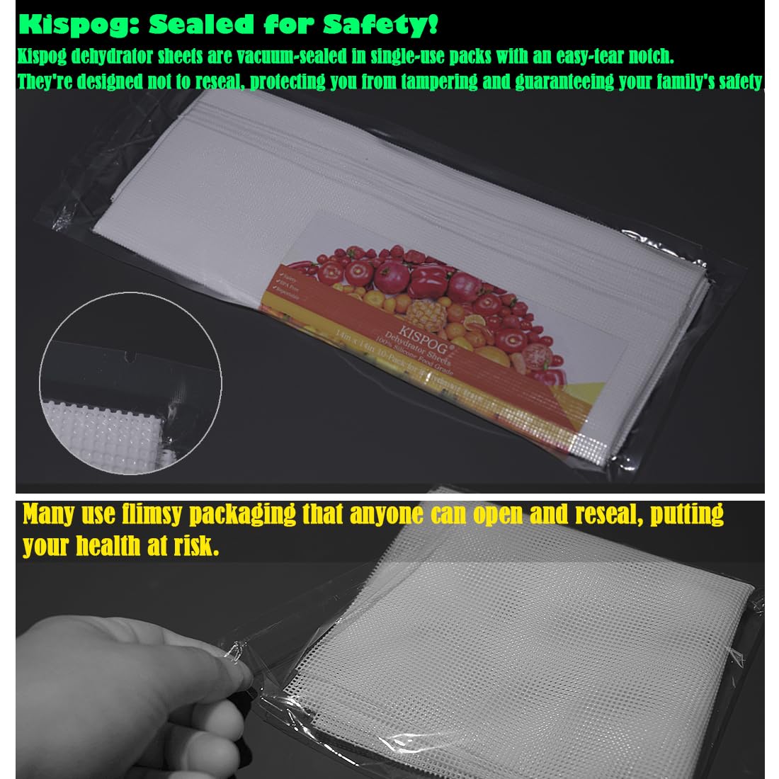 Kispog Silicone Dehydrator Sheets for Excalibur: Stop Dried Food Sticking to Tray - Save 60 Minutes Cleaning - Easy Lift-Off & Intact Food - BPA-Free Tray Liners for Fruit Jerky Herbs - 14x14 10-Pack