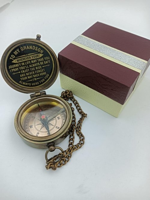 Decor&More to My Grandson Brass Prayer Compass with Wooden Box Religious Gift for Men, Graduation Gift Hiking & Traveling