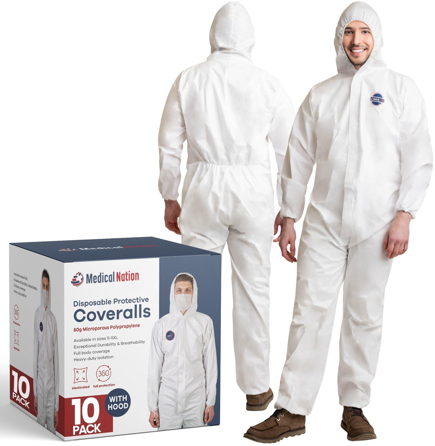 Medical Nation Hazmat Suits Disposable | 10 Pack | With Hood, Heavy Duty, Breathable Disposable Coverall, Painter Suit | Large