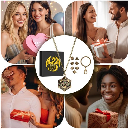 Mini DND Dice Set with Hollow D20 Metal Case Portable Keychain Necklace, Tiny 7pcs Polyhedral D&D Dice Set, DND Gifts with Gift Box, D&D Accessories for RPG（Green Diamond, Bronze）