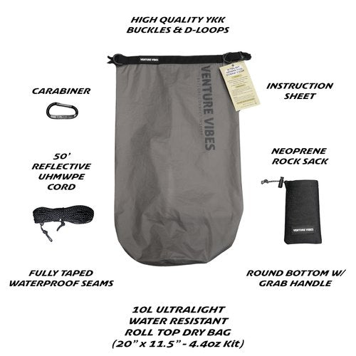VENTURE VIBES | Premium Ultralight Bear Bag Kit for Backpacking | 10L Dry Bag - Neoprene Rock Sack - Reflective Slick Rope - Hanging Food Storage for Camping and Backpacking (Dark Grey)