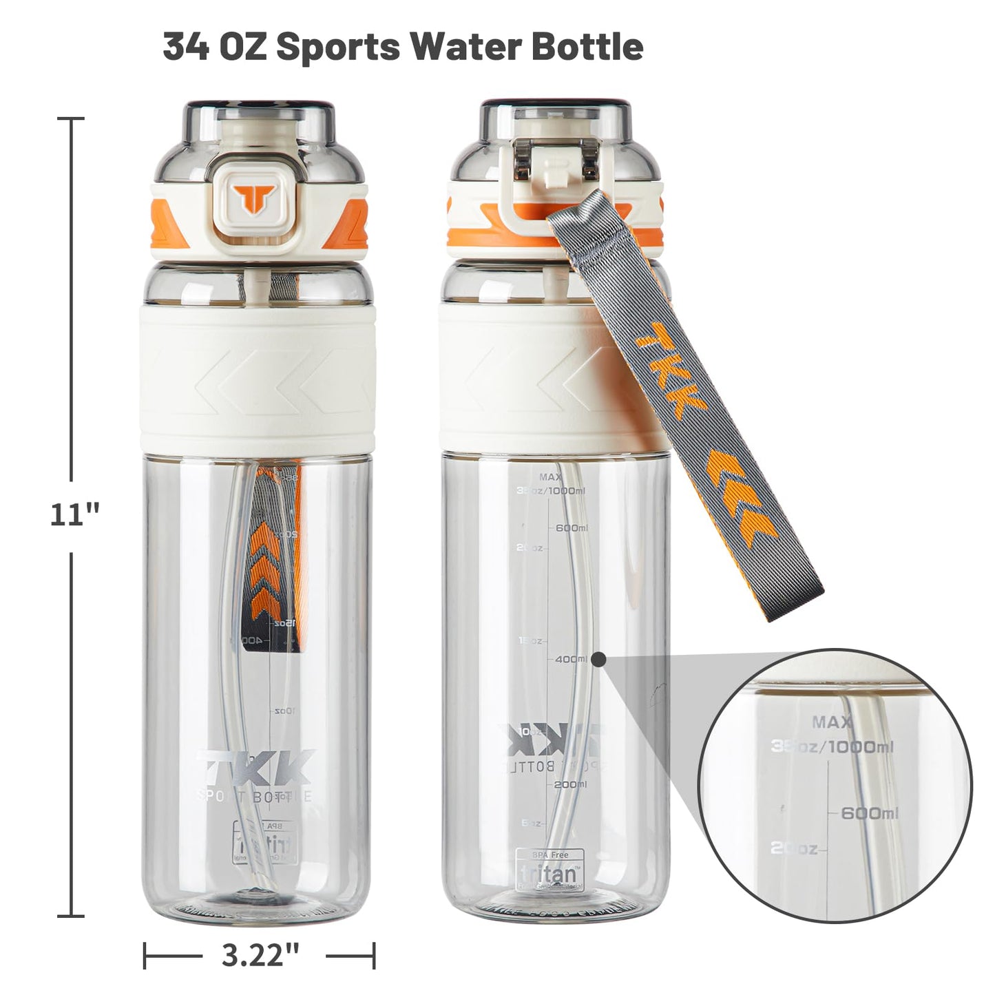 TKK Sports Water Bottles with Removable Straw 34 oz Leak-proof Flip Top Lid BPA Free Tritan Bottles with Strap for School, Fitness, Gym, Outdoor, White