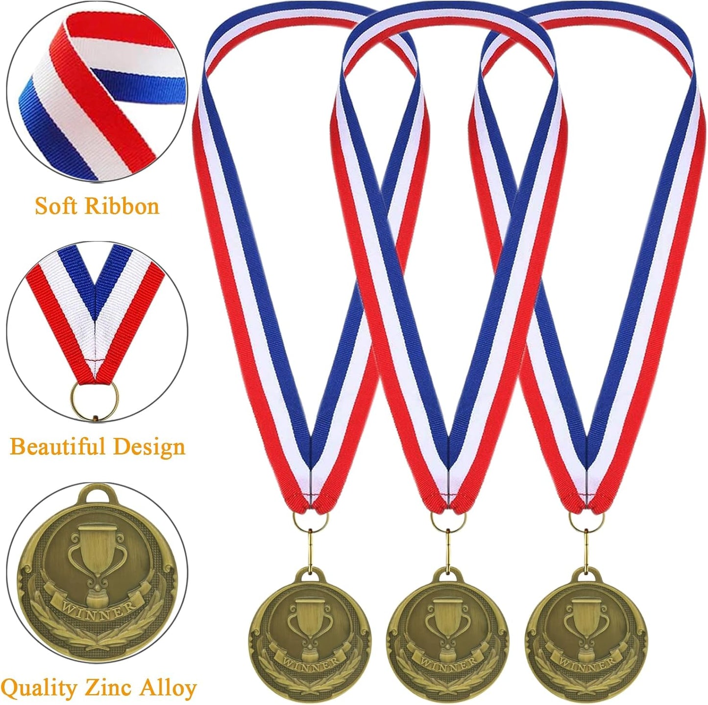 12 Pieces Gold Medals for Awards - Winner Medal Metal with Neck Ribbon Prizes for Kids, Adults, Sports Day, Spelling Bees, Competitions, Party, 2 Inches