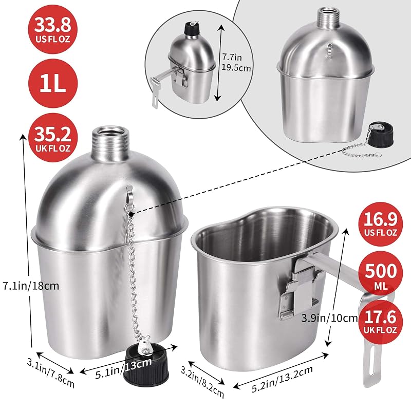 Goetland 1QT Stainless Steel WWII US Army Canteen with Cup & Nylon Pouch – Grab Handle Cup Variation