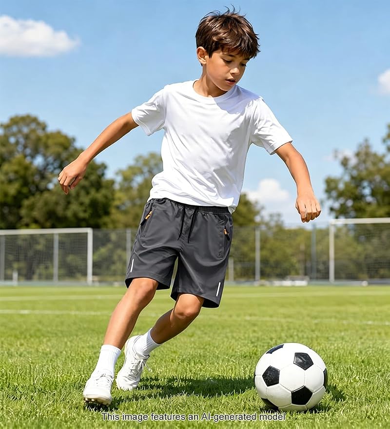 Quick-Dry Athletic Boys Shorts with Zipper Pockets - 13-14 Years (Dark Grey/Black/Navy)