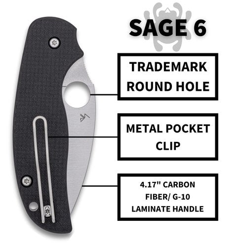 Spyderco Sage 6 Folding Knife - CPM S30V Steel Blade with Carbon Fiber/G-10 Laminate Handle, Button-Release Compression Lock, PlainEdge - C123CFBCLP