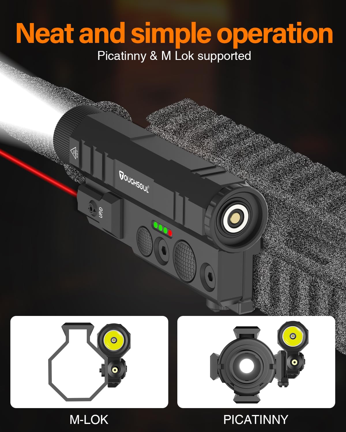 TOUGHSOUL Mlok Picatinny Tactical Flashlight Green Red Laser Sight Combo, 2400 Lumen Max Light with Momentary Strobe Function Rchargeable Battery Included (Red Laser)