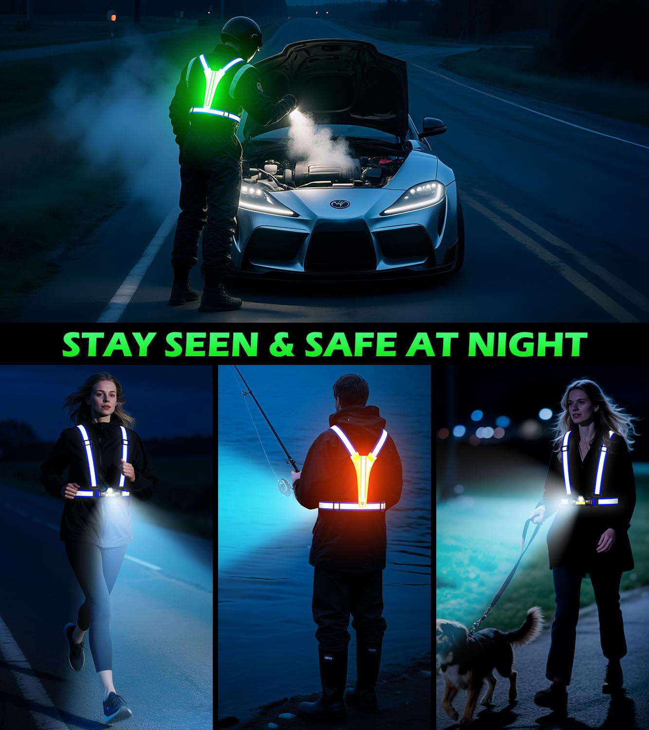 Hoeraonr Running Lights for Runners,90°Adjustable LED Reflective Vest Running Gear,Rechargeable Chest Light Up Running Vest Night Walking Safety Gear for Night Walking/Cycling/Jogging (Blue)