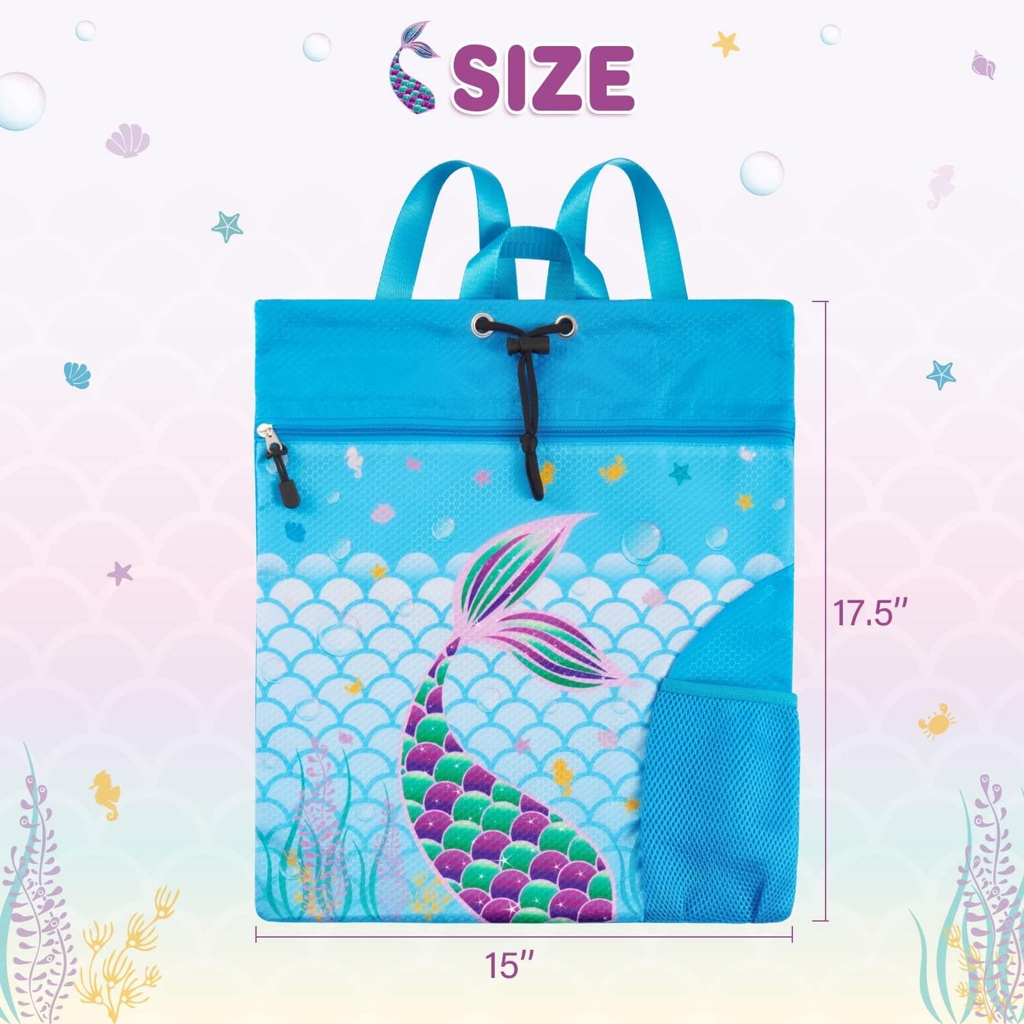WAWSAM Drawstring Backpack for Kids, 15” × 17” Mermaid Gym Bag Cinch Bag for Girls Kids Waterproof Swim Beach Bag, Back to School Birthday Gift with Zippered Pocket and Bottle Pocket