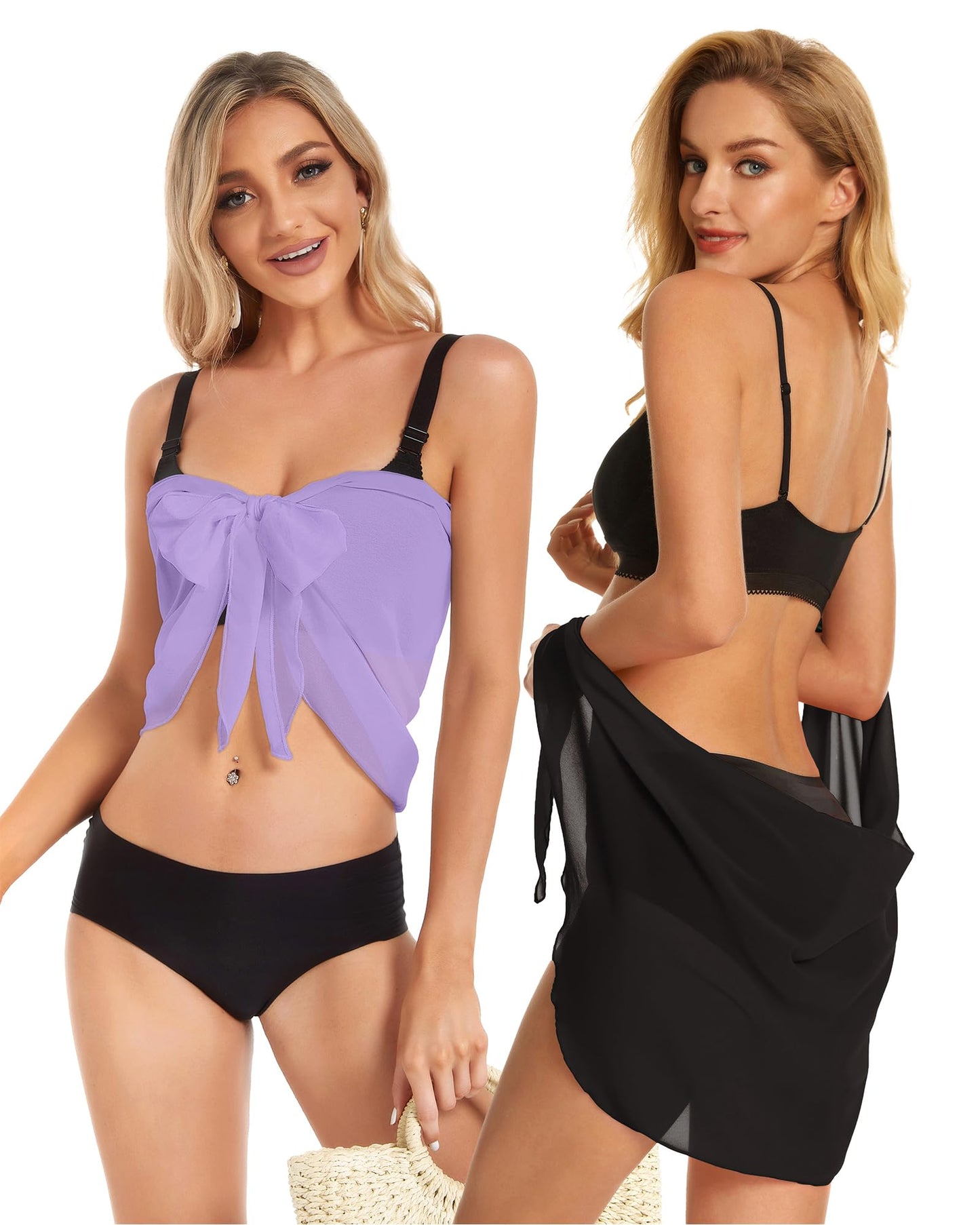2 Pieces Sarong Cover Ups for Women Beach Bathing Suit Wrap Sheer Short Skirt Bikini Chiffon Scarf for Swimwear (Black and Light Purple)