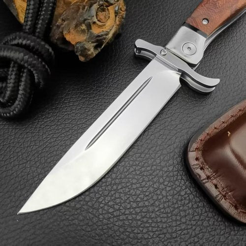 Tongedge Folding knives Tactical Knife, 440C Steel 4'' Blade, Wood Handle, 10.8'' Extended Length, With Leather Sheath