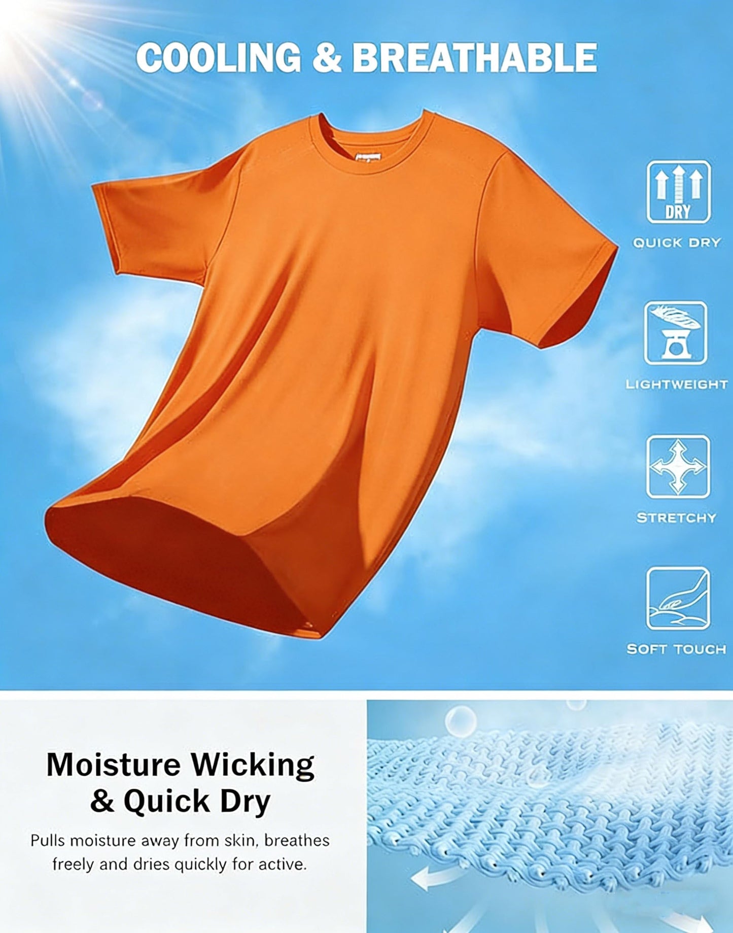 KINGFEN Men's Breathable Sun Protection Shirt Quick Dry Moisture Wicking Soft Comfortable Short Sleeve Outdoor Activewear Orange L