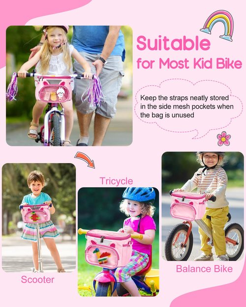 Kids Bike Basket, Front Handlebar Bicycles & Scooter Basket, Kid Ride Basket Bag with Detachable Strap for Girls, Boys, Toddlers - Clear Lid, Adjustable Straps, Cute Ear Design